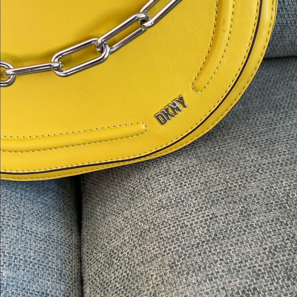 DKNY Bright Yellow Leather Saddle Crossbody with Silver Chain - Picture 2 of 9